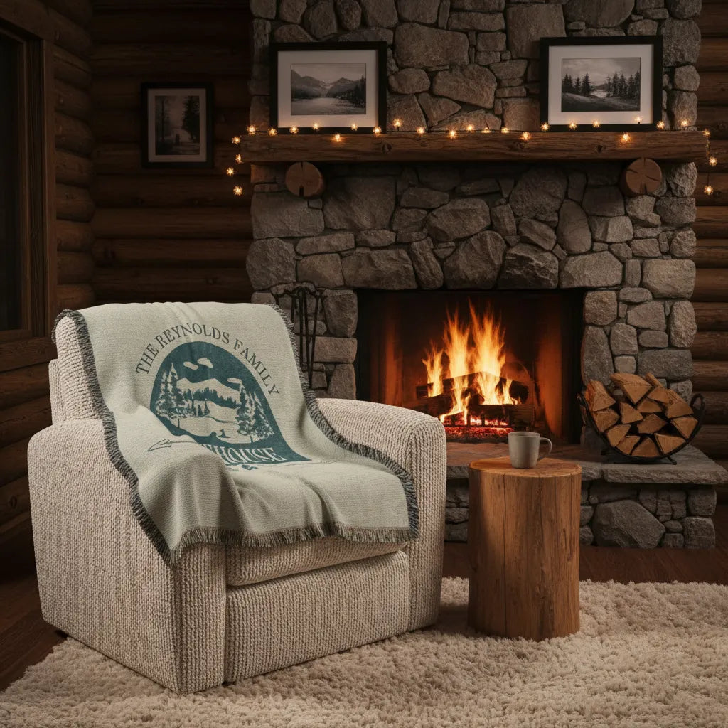 Rustic Family Lakehouse Personalized Woven Blanket
