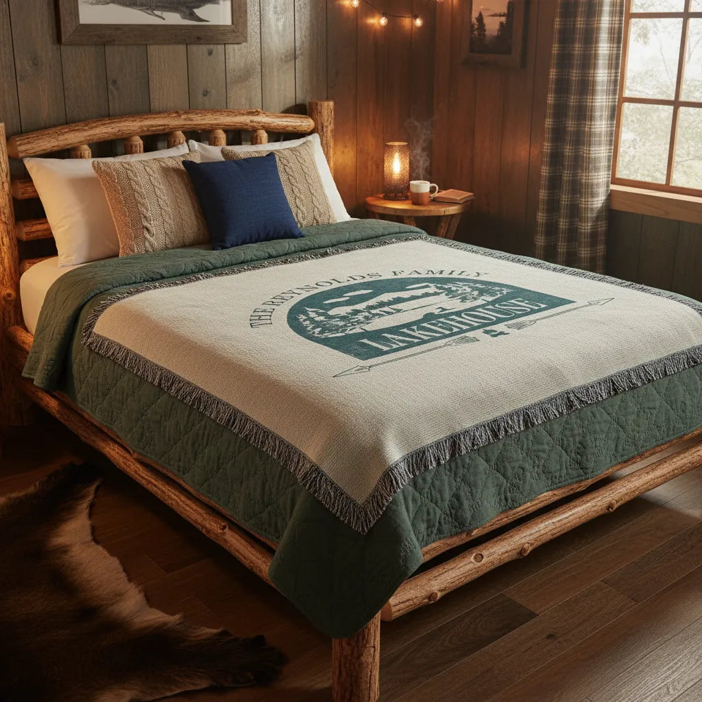 Rustic Family Lakehouse Personalized Woven Blanket
