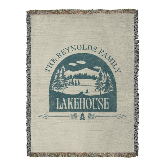 Rustic Family Lakehouse Personalized Woven Blanket