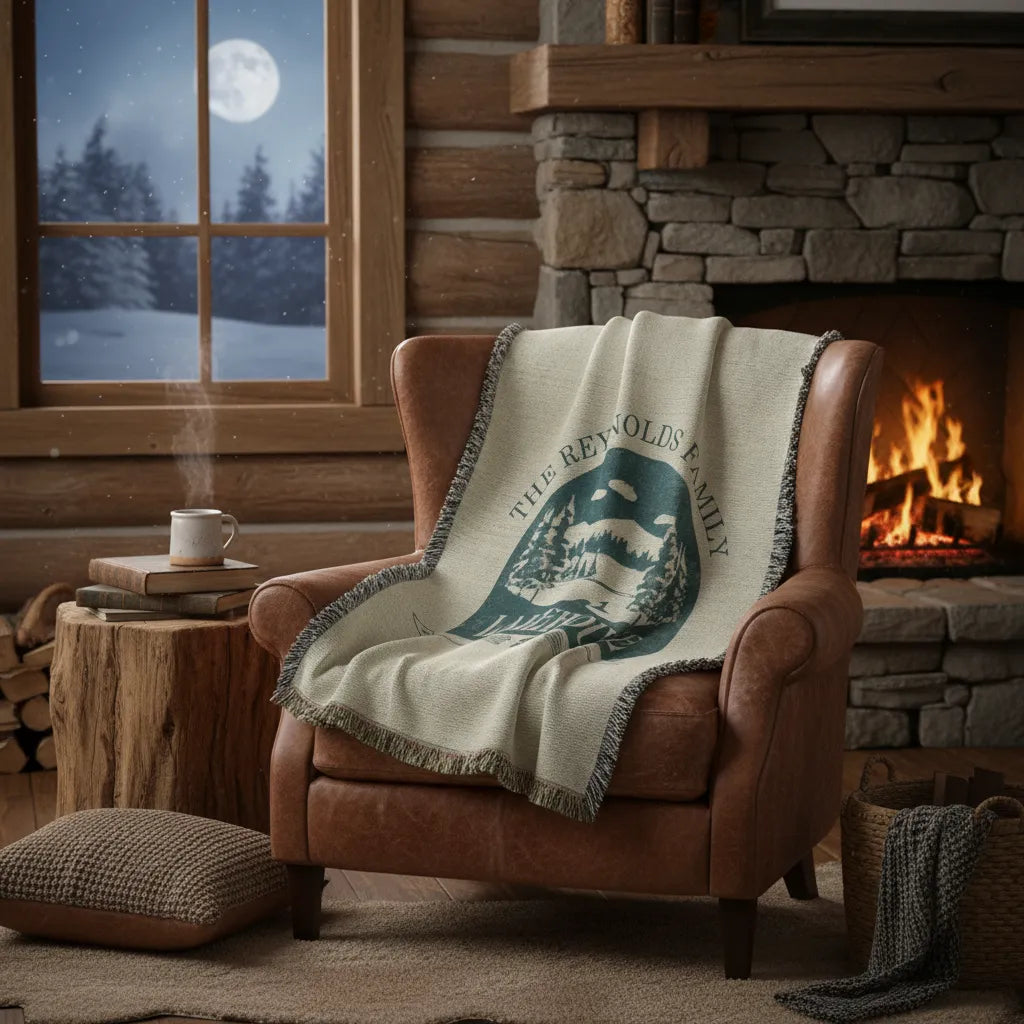Rustic Family Lakehouse Personalized Woven Blanket